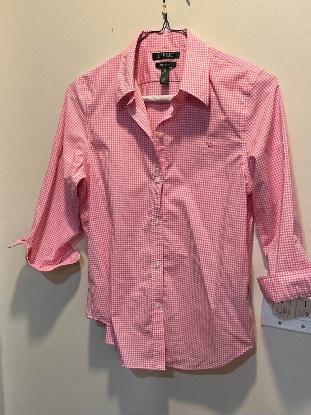 RALP LAUREN PINK GINGHAM NO IRON BUTTON DOWN SHIRT